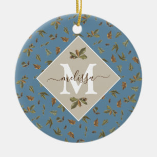 Dusty Blue Rustic Brown Lövs Monogrammed Julgransprydnad Keramik
