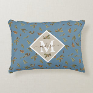 Dusty Blue Rustic Brown Lövs Monogrammed Prydnadskudde