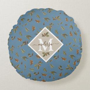 Dusty Blue Rustic Brown Lövs Monogrammed Rund Kudde