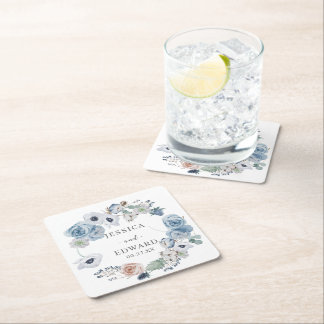 Dusty Blue Rustic Wedding Floral Underlägg Papper Kvadrat