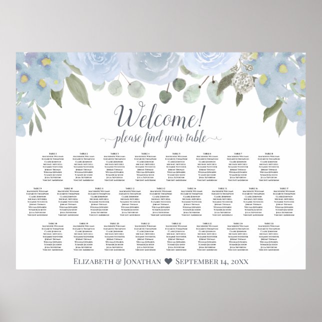 Dusty Blue Rustika Rosor 25 Bordsdisposition Poster (Framsidan)
