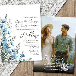 Dusty Blue Sage Boho Vildblommor Foto QR Bröllop Inbjudningar