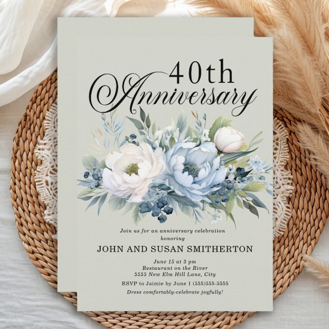 Dusty Blue Sage Grönt 40-årsdagen Inbjudningar (Dusty blue watercolor floral and sage green 40th wedding anniversary invitation)