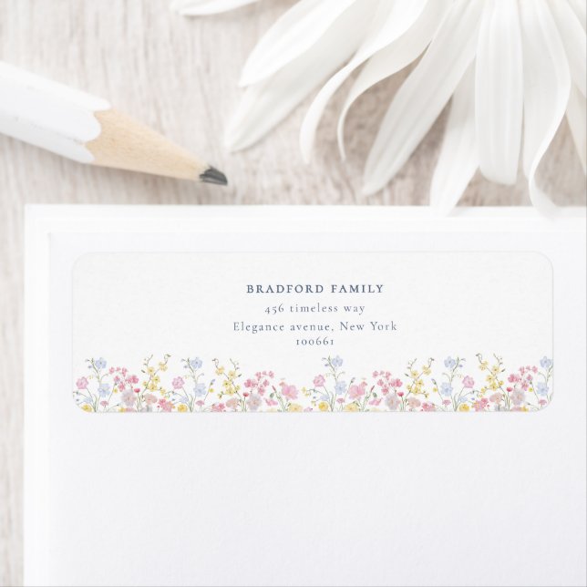 Dusty Blue Script Boho Vilda Blommor Bröllop  Returadress Etikett (Insitu)