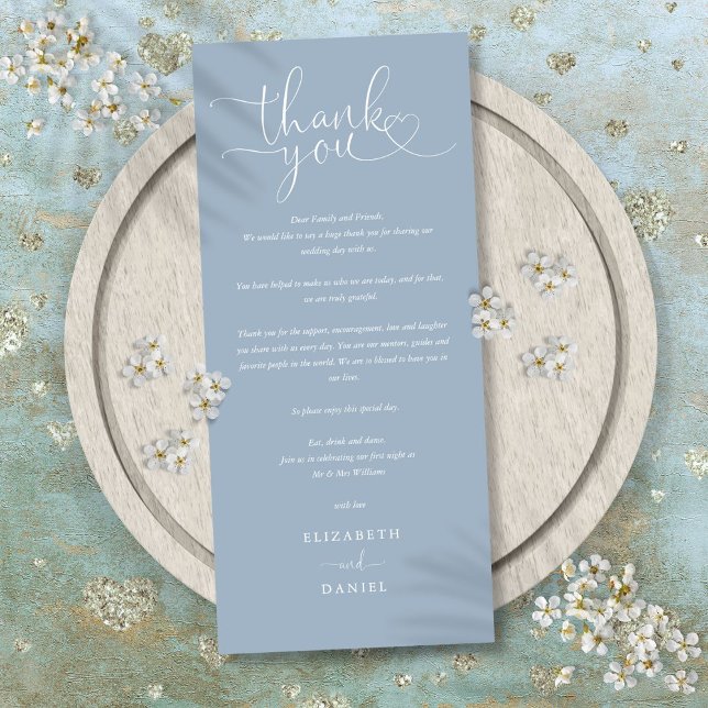 Dusty Blue Script Bröllop Tack Place Card Meny (Dusty Blue Script Wedding Thank You Place Card)