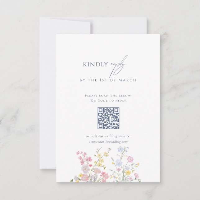 Dusty blue Script Floral Wildflower QR Code OSA Kort (Framsida)