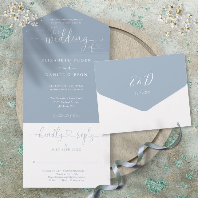 Dusty Blue Script Hearts Minimalistisk Bröllopsinb (Dusty Blue Script Hearts Minimalist Wedding All In All In One Invitation)