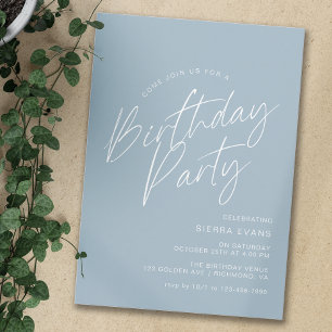 Dusty Blue Script   Modern enkel födelsedagstid oa Inbjudningar