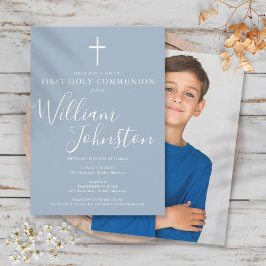 Dusty Blue Script Modern Heliga Communion Photo Inbjudningar