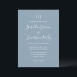 Dusty Blue Script Modernt Monogram Elegant Bröllop Inbjudningar<br><div class="desc">Denna bröllopsinbjudan presenterar parets initialer som ett monogram högst upp,  deras namn i flytande skrivstil och all bröllopsinformation i ren vit text på en mjuk dammig blå bakgrund. Enkel,  romantisk och tidlös — en bra passform för ett bröllop på trädgård,  utomhus eller i klassisk lokal.</div>