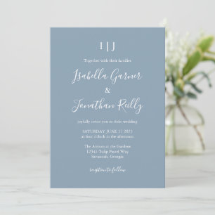 Dusty Blue Script Modernt Monogram Elegant Bröllop Inbjudningar