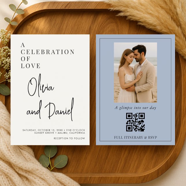 Dusty Blue Script Photo QR Code Wedding Inbjudningar (Skapare uppladdad)
