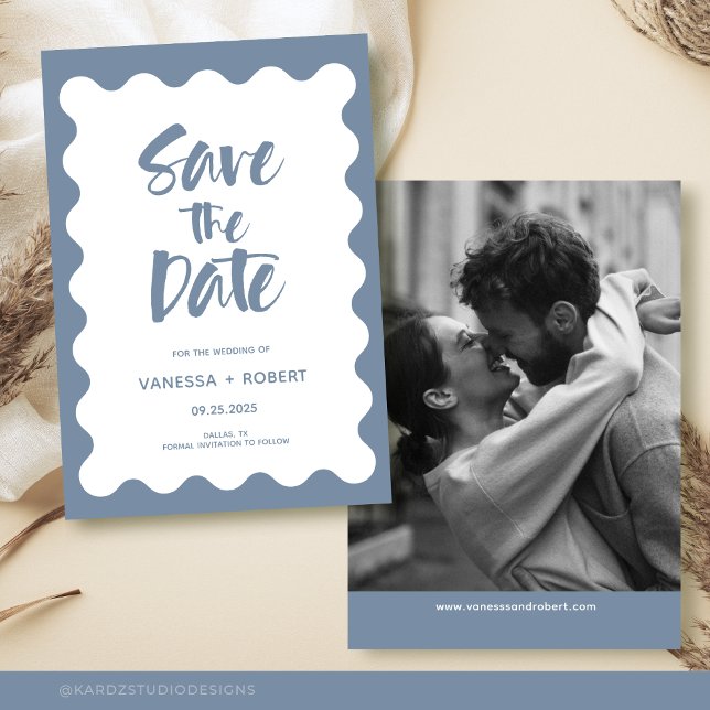 Dusty Blue Script Photo Save the Date Investigatio Inbjudningar (Modern Dusty Blue Photo Save The Date. with scallop frame and script, Black and white photo webpage.)