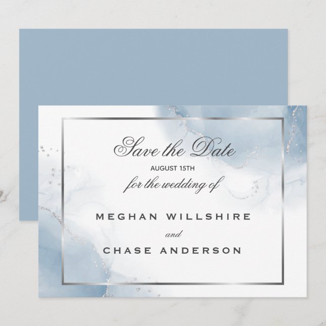 Dusty Blue Script Silver Save the Date Inbjudningar (Fram/baksida)