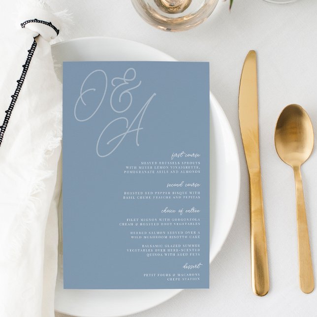 Dusty Blue Script Watermark Monogram Bröllop Menu (Skapare uppladdad)