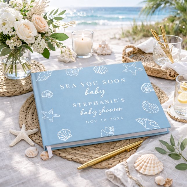 Dusty Blue Sea You Soon Beach Baby Shower Gästböcker (Skapare uppladdad)