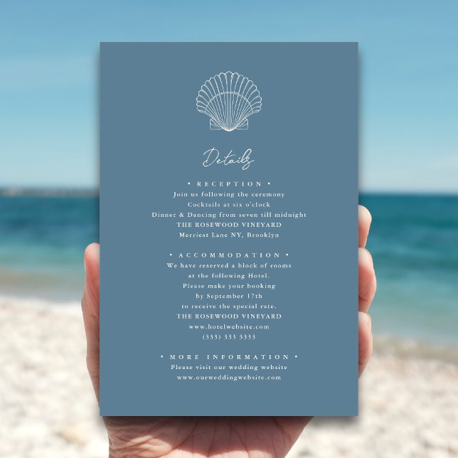 Dusty Blue Seashell Beach Destination Wedding Tilläggskort (Skapare uppladdad)