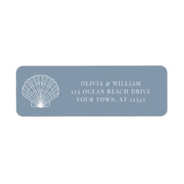 Dusty Blue Seashell Beach Wedding Returadress Etikett