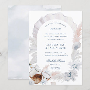 Dusty Blue Seashell Pampas Beach Arch Bröllop Inbjudningar
