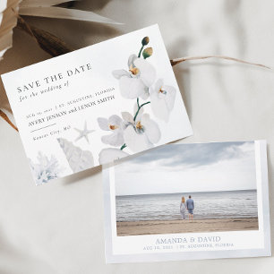 Dusty Blue Seashell White Orchid Beach med Photo Spara Datumet