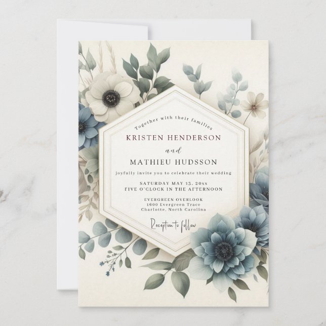 Dusty Blue Serene Bloom Wedding Inbjudningar (Framsida)