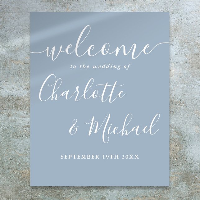 Dusty Blue Signatur Skript Bröllops Välkomstskylt Poster (Dusty Blue Signature Script Wedding Welcome Sign)