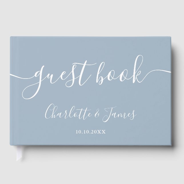 Dusty Blue Signature Script Photo Wedding Gästböcker (Framsida)