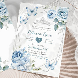 Dusty Blue Silver Blommigt Butterfly Quinceañera Inbjudningar