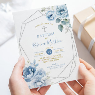 Dusty Blue Silver Blommigt Geometic Baptism Inbjudningar