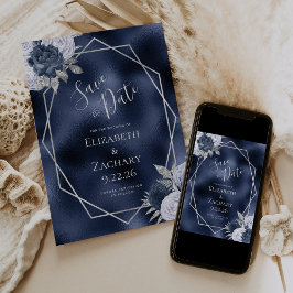 Dusty Blue Silver Blommigt Navy Foil Spara datum Spara Datumet