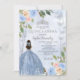 Dusty Blue Silver Blommigt Princess Quinceañera Inbjudningar