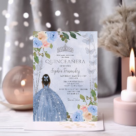Dusty Blue Silver Blommigt Princess Quinceañera Inbjudningar