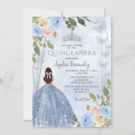 Dusty Blue Silver Blommigt Princess Quinceañera Inbjudningar