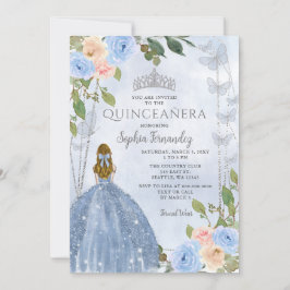 Dusty Blue Silver Blommigt Princess Quinceañera Inbjudningar