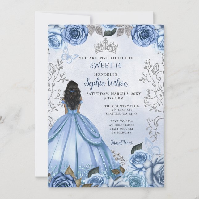 Dusty Blue Silver Blommigt Princess SWEET 16 Inbjudningar (Framsida)