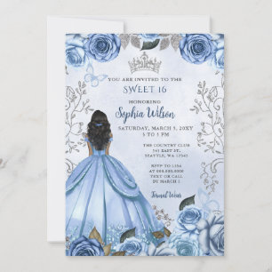 Dusty Blue Silver Blommigt Princess SWEET 16 Inbjudningar