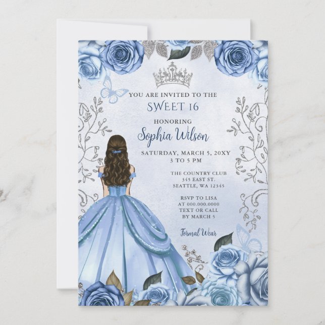 Dusty Blue Silver Blommigt Princess Sweet 16 Inbjudningar (Framsida)