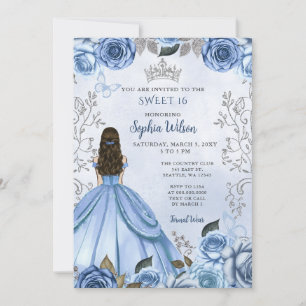 Dusty Blue Silver Blommigt Princess Sweet 16 Inbjudningar