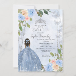 Dusty Blue Silver Blommigt Princess Sweet 16 Inbjudningar