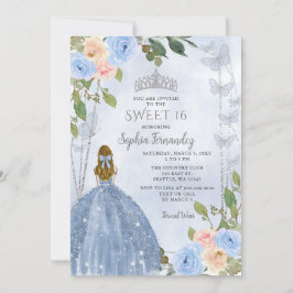 Dusty Blue Silver Blommigt Princess Sweet 16 Inbjudningar
