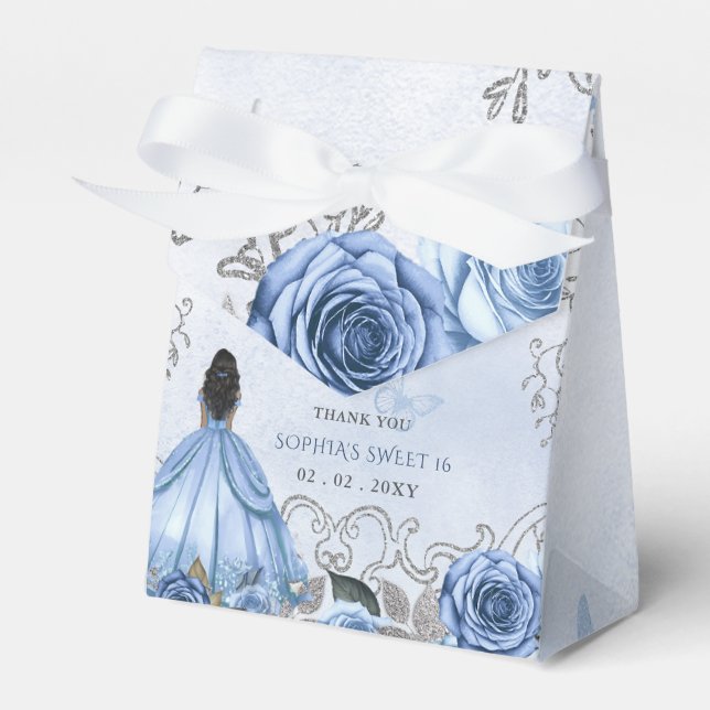 Dusty Blue Silver Blommigt Princess SWEET 16 Presentaskar (Framsidan Sidan)