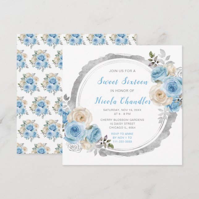 Dusty Blue Silver Elegant Flowers Sweet sixteen Inbjudningar (Fram/baksida)