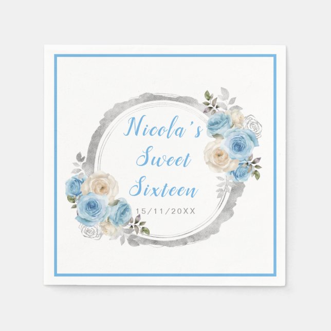 Dusty Blue Silver Elegant Flowers Sweet sixteen Pappersservett (Framsidan)