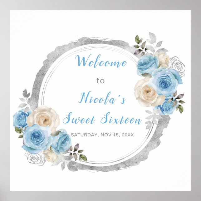 Dusty Blue Silver Elegant Flowers Sweet sixteen Poster (Framsidan)