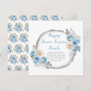 Dusty Blue Silver Eleganta Blommor Sweet Sixteen Kort