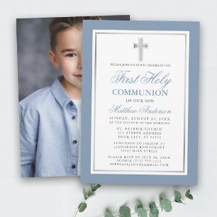 Dusty Blue Silver First Heliga Communion Photo Inbjudningar