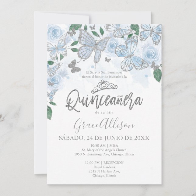 Dusty Blue Silver Fjäril Quinceanera Inbjudningar (Framsida)