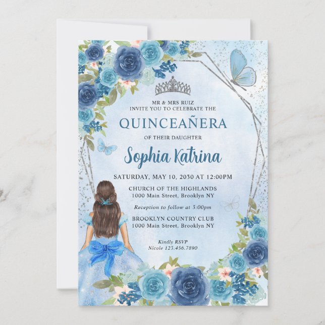Dusty Blue Silver Glam Blommigt Princess Quinceañe Inbjudningar (Framsida)