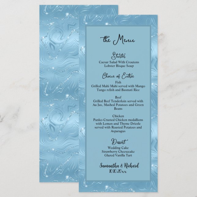 Dusty Blue Silver Glitter 4x9’ Bröllop Menu Meny (Fram/baksida)