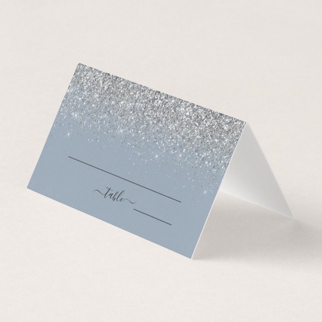 Dusty Blue & Silver Glitter Bröllop Place Card Kort (Framsida)